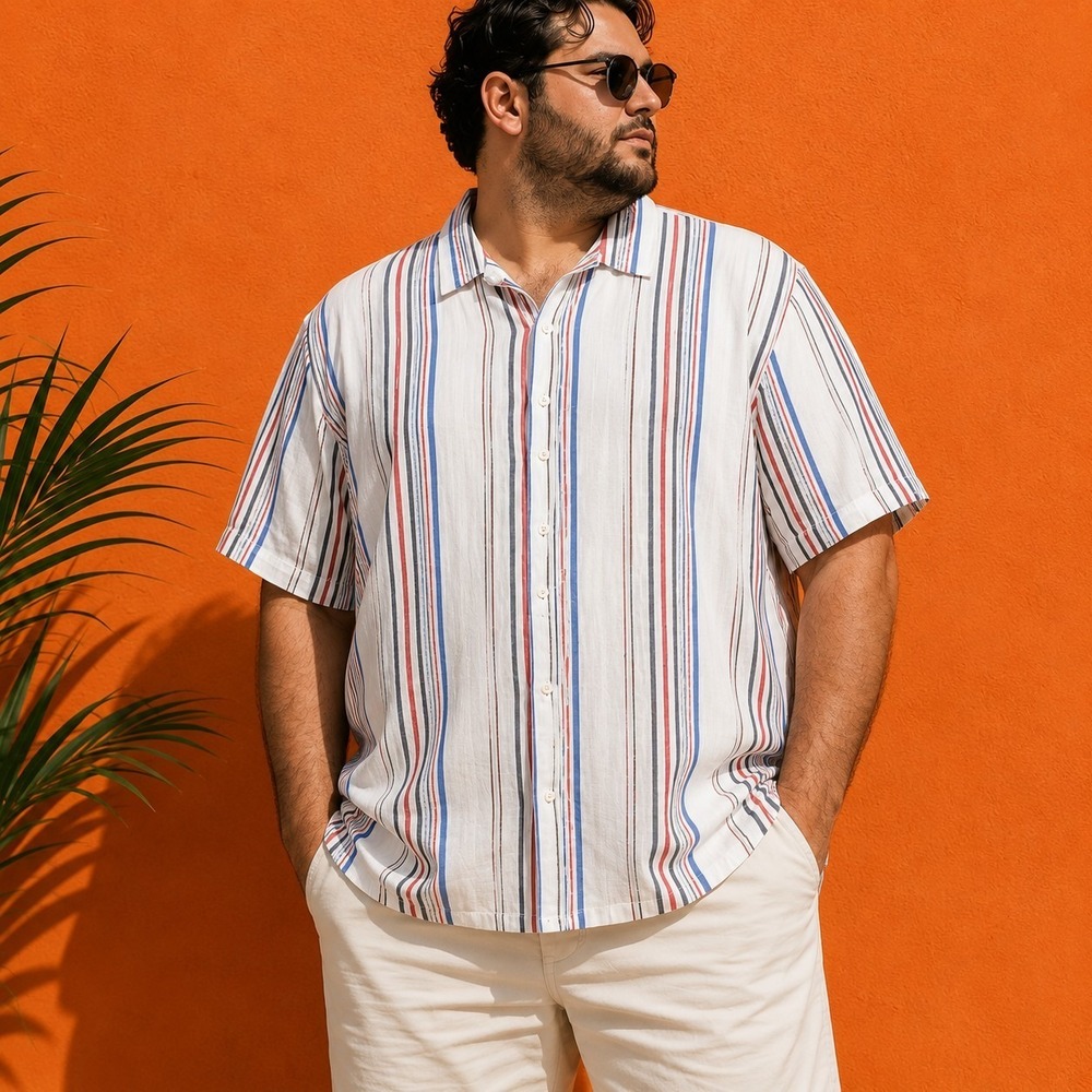 LINEA UOMO Men's 4X Button Front Stripe Shirt Casual Camp Coastal Dadcore Beach